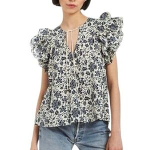 Love the Label Reina Leigh Print Blue & Cream Tie Neck Flutter Sleeve Blouse - M